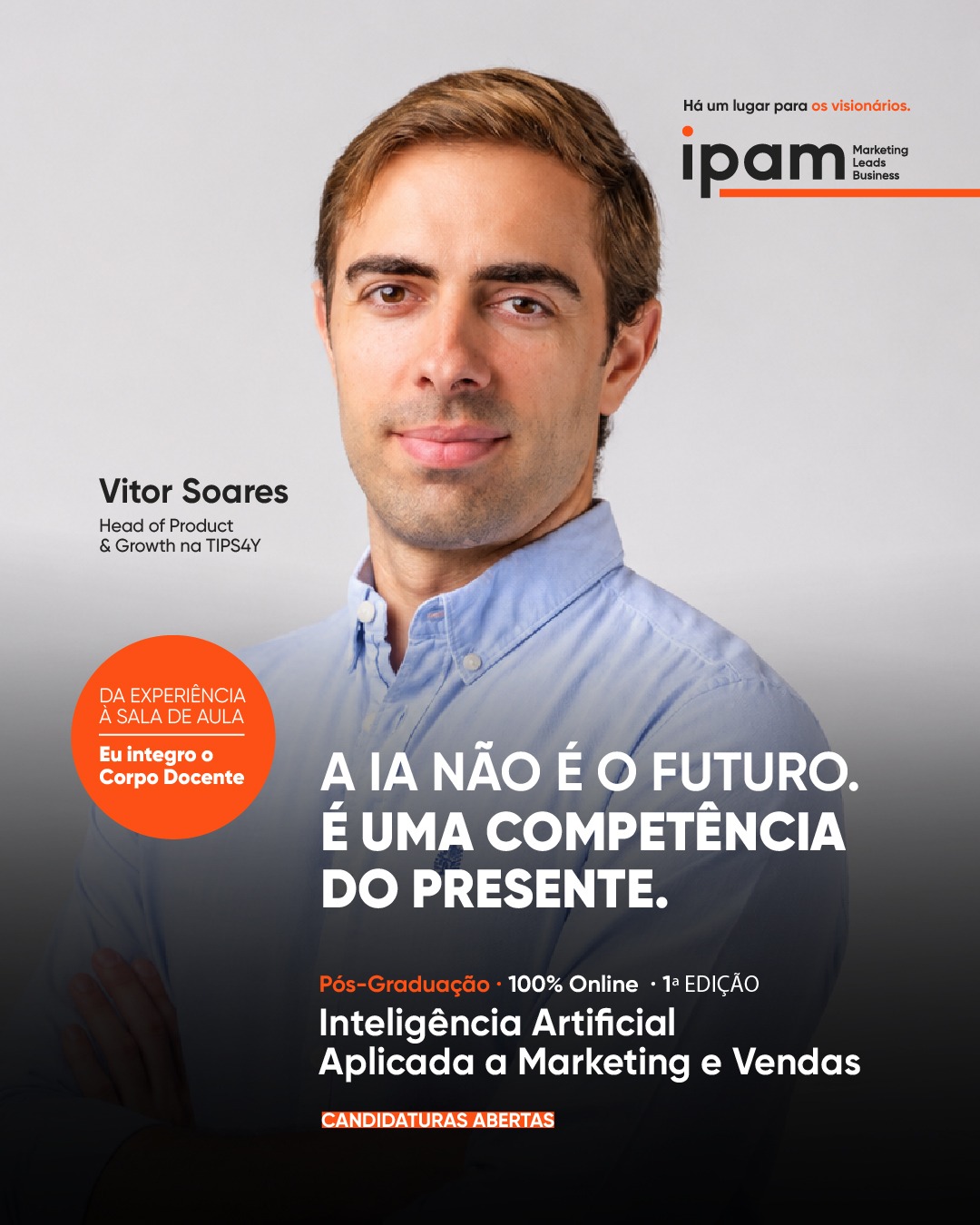 Official IPAM faculty announcement featuring Vítor Soares for the Postgraduate Programme in AI Applied to Marketing and Sales