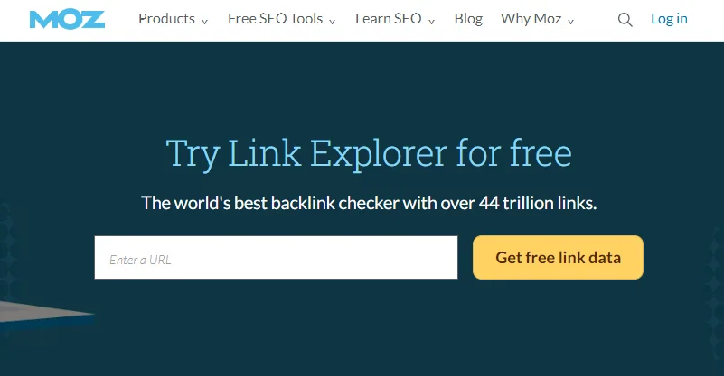 Moz Link Explorer landing page offering a free backlink search, with a website address field and Get free link data button.