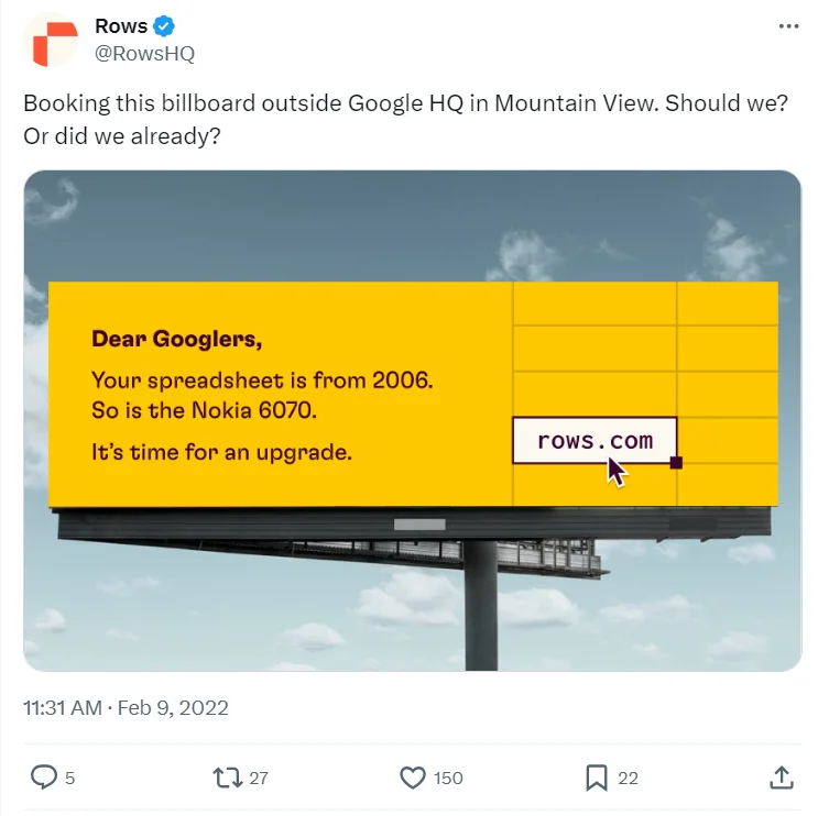 Screenshot of a Rows tweet asking whether to book a billboard outside Google HQ, alongside the proposed yellow billboard.